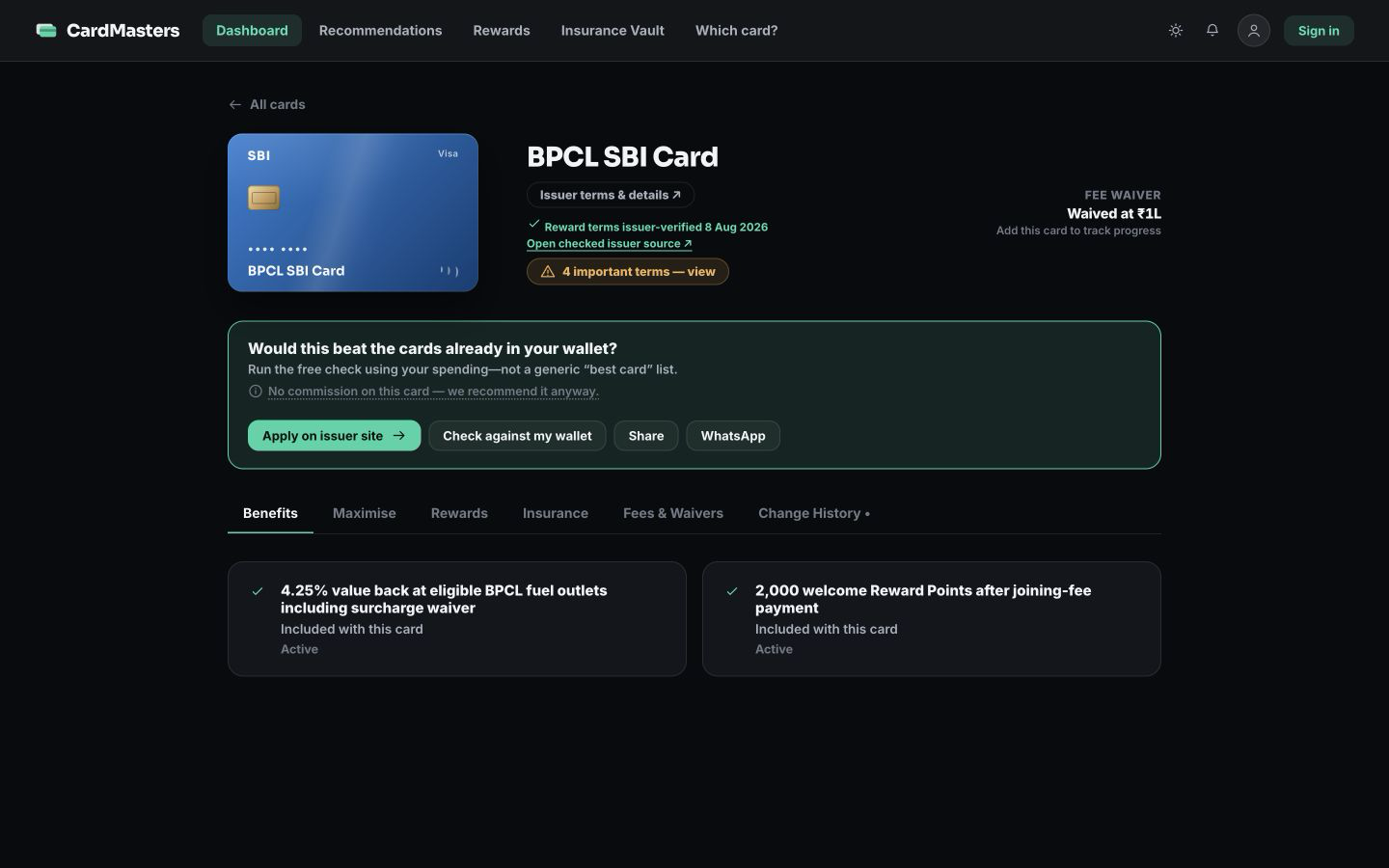 Issuer-sourced card guide screenshot