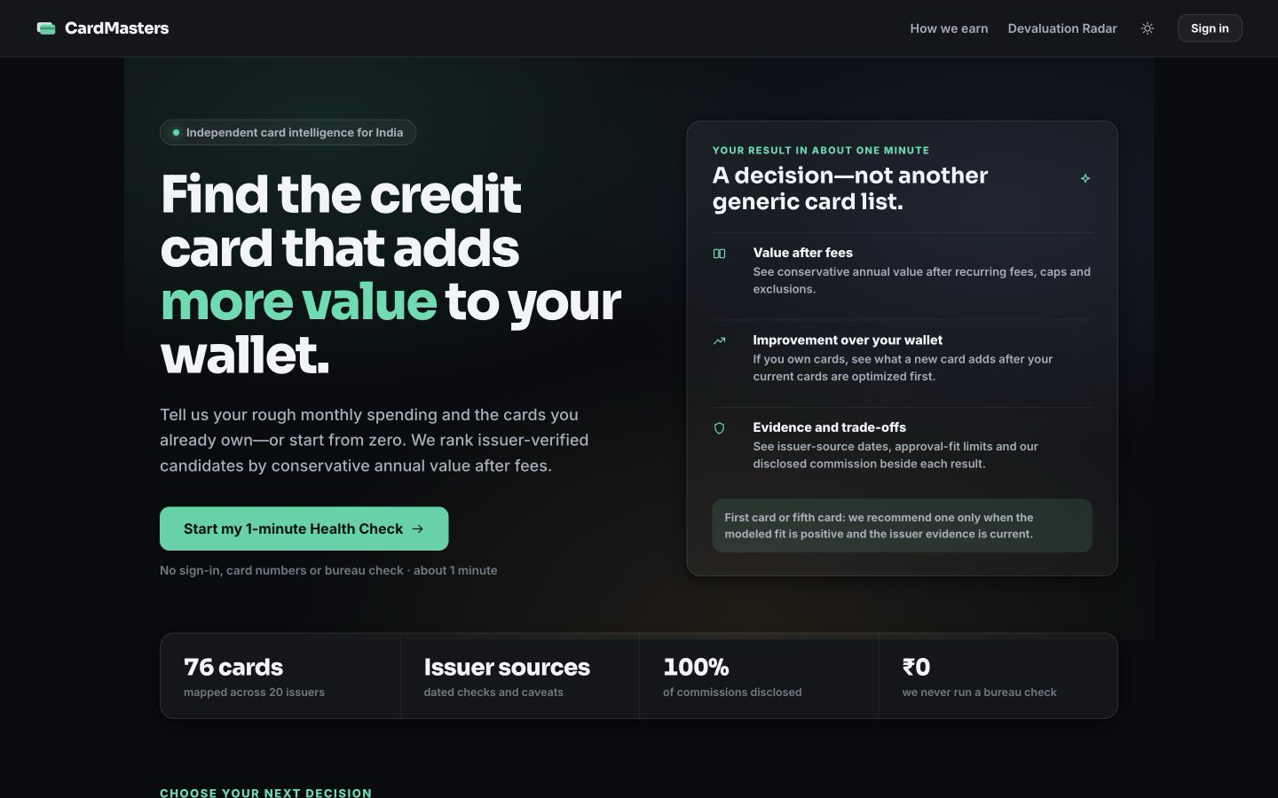 Card Health Check homepage screenshot